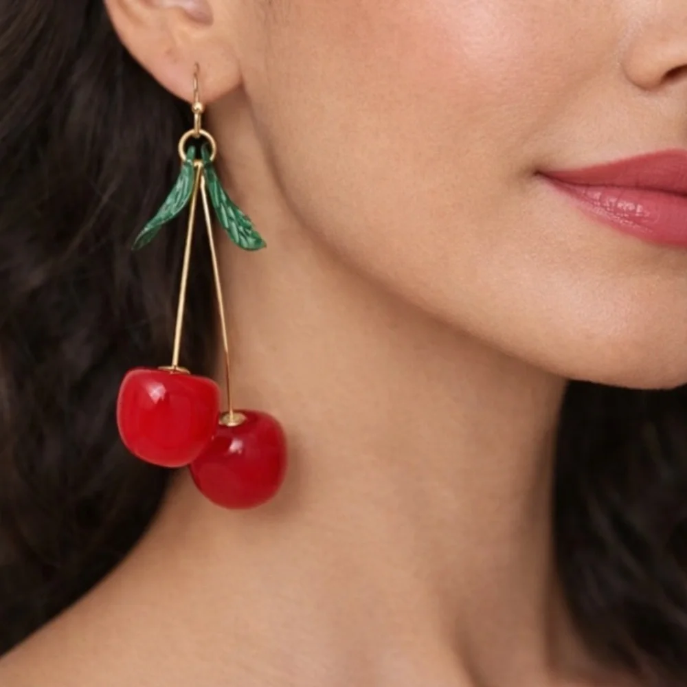 New Cherry Dangle Earrings Red Fruit Statement Jewelry Retro Style - Picture 5 of 6